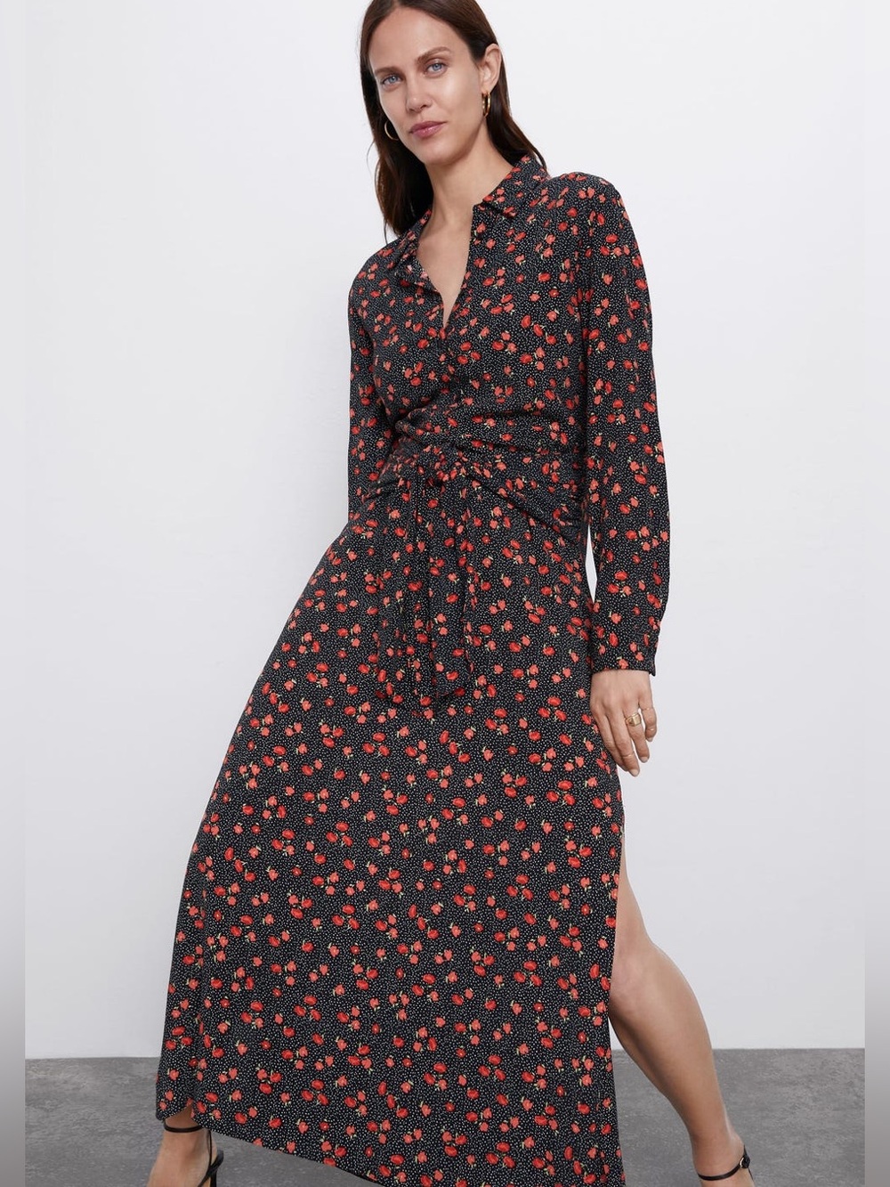ZARA Floral Button-Down Maxi Dress with Belt – Black & Red Print SIZE XS